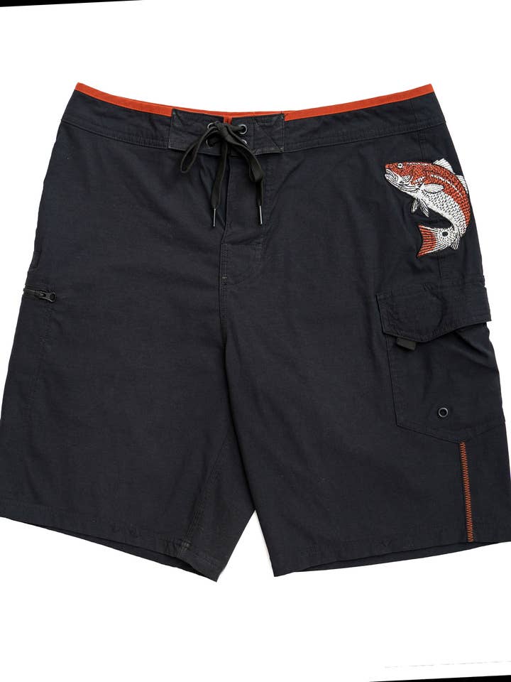 Pantaloncini da pesca neri Redfish 21" in nylon elasticizzato premium per la vendita all'ingrosso da parte di Maui Rippers