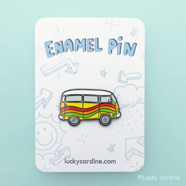 Lucky Sardine - Wholesale Lapel Pin/Button - Rainbow Hippie Van, 70s Adventure Yellow Bus Hard Enamel Pin