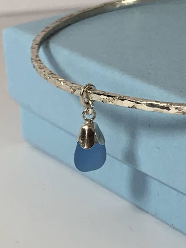 Blue Seaglass Silver Bangle, Silver Hammered Bangle with for wholesale by Blue Marble Jewellery