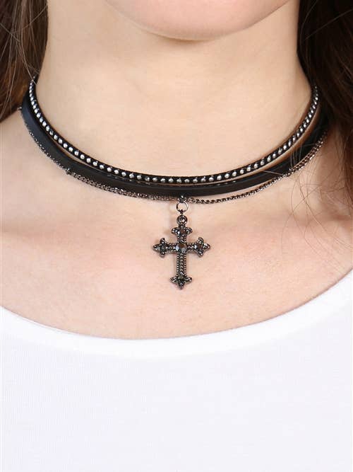 Cross Leather Chain Choker Necklace for wholesale by MYS Wholesale Inc