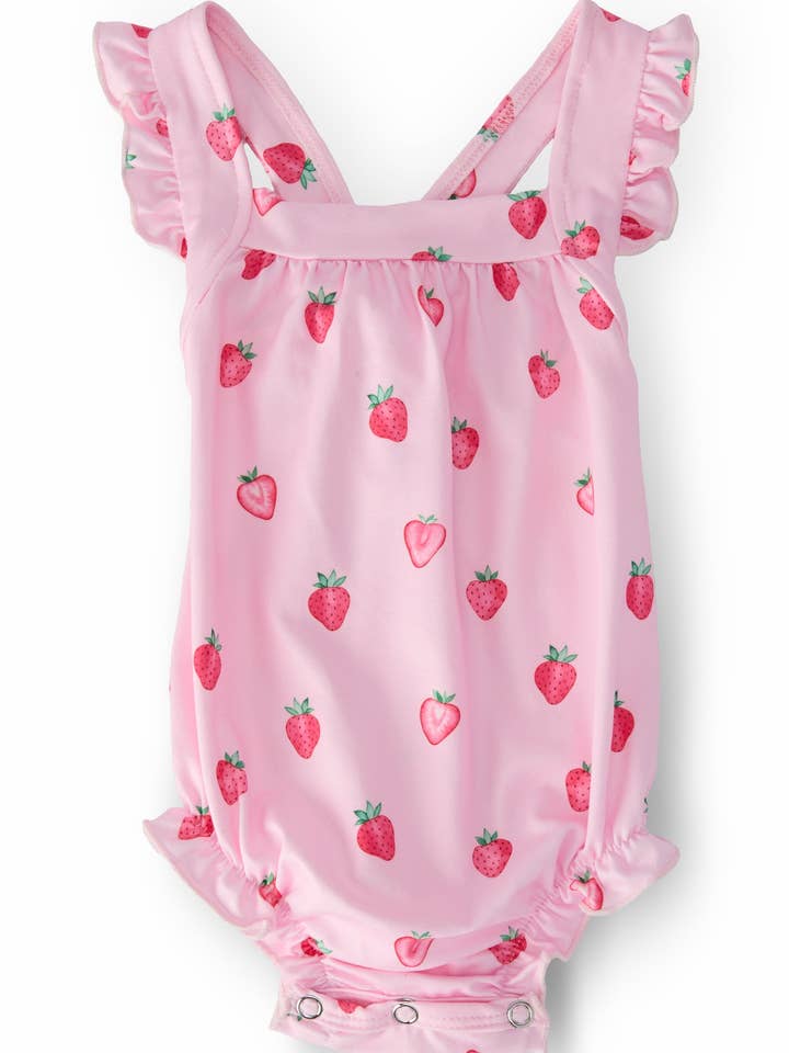 Sweet Strawberries Ruffle Cross Back Romper for wholesale by Mila & Rose