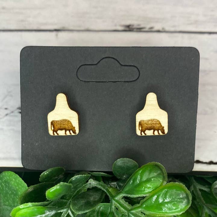 Western, Cow Tag, farm, Wood stud earrings, lightweight, for wholesale by Traveling Sparrow