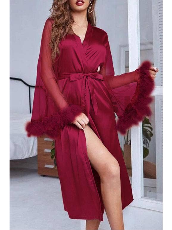 HIDDENBRAND - Wholesale Dress - Women's - Feather paneled mesh loungewear bathrobe dress multicolored3