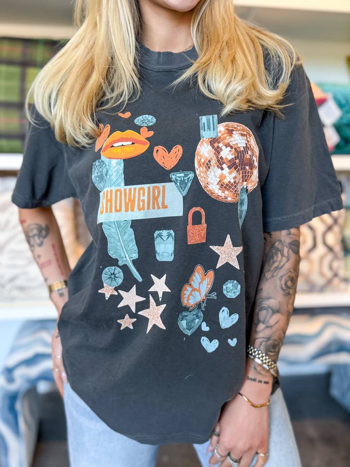 Showgirl Collage Tee in Pepper for wholesale by Girl Tribe Co