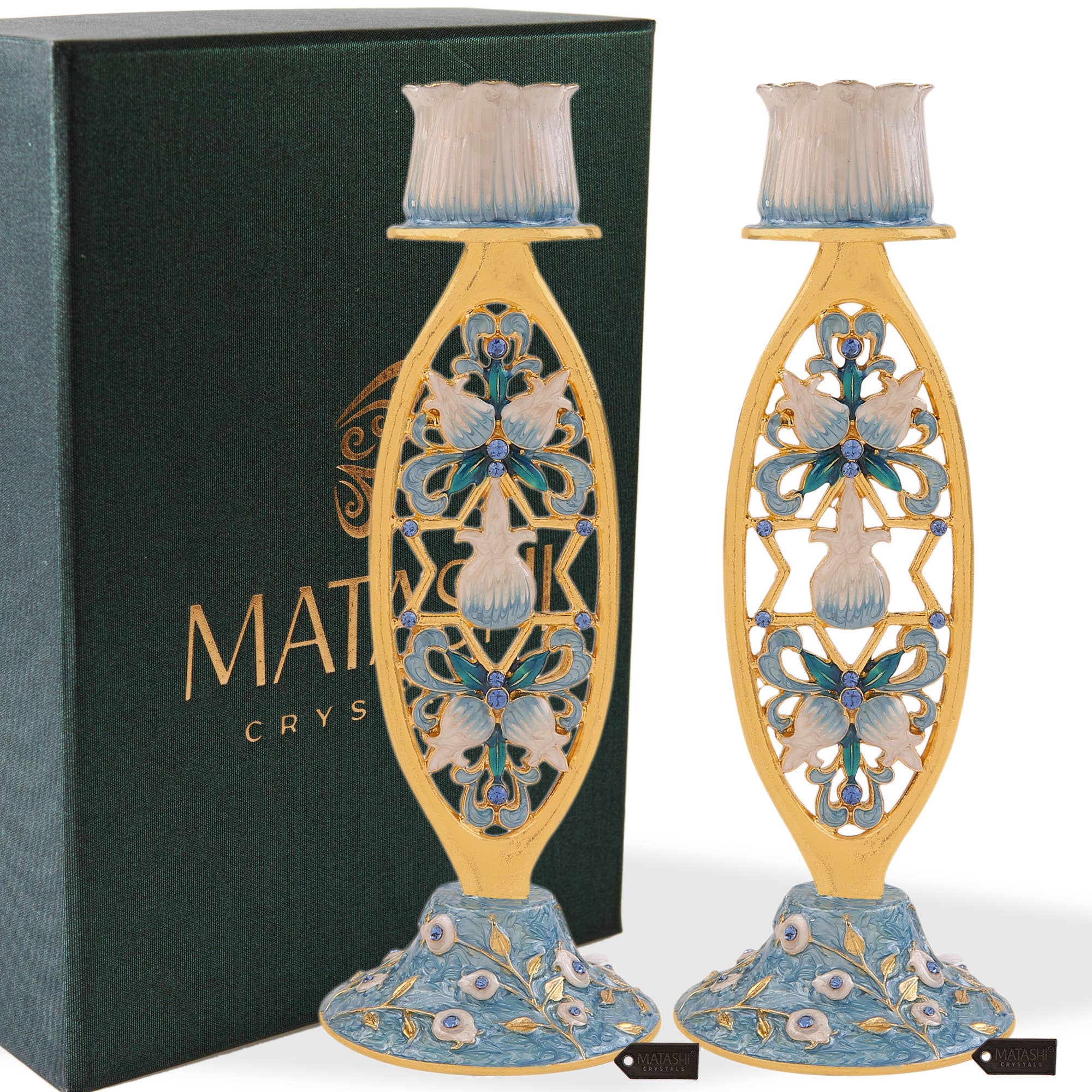 Matashi - Wholesale Candle Holder - Matashi Shabbat Candlestick (2-Piece Set) Adorned w Flowers1