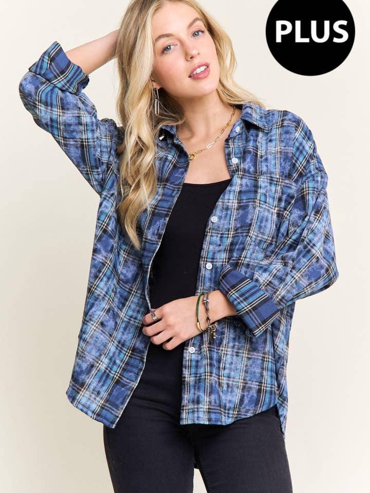 CET4188X-PLUS BURNOUT GERUIT OVERHEMD MET GEWASSEN LOOK voor wholesale door ADORA LA