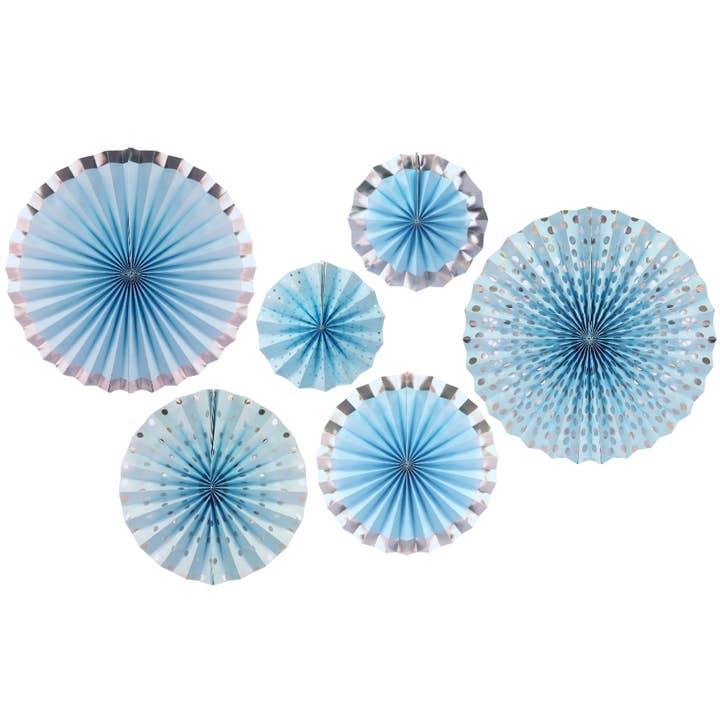 Paper Fans (6pk) - Blue & Silver for wholesale by Peacock Supplies