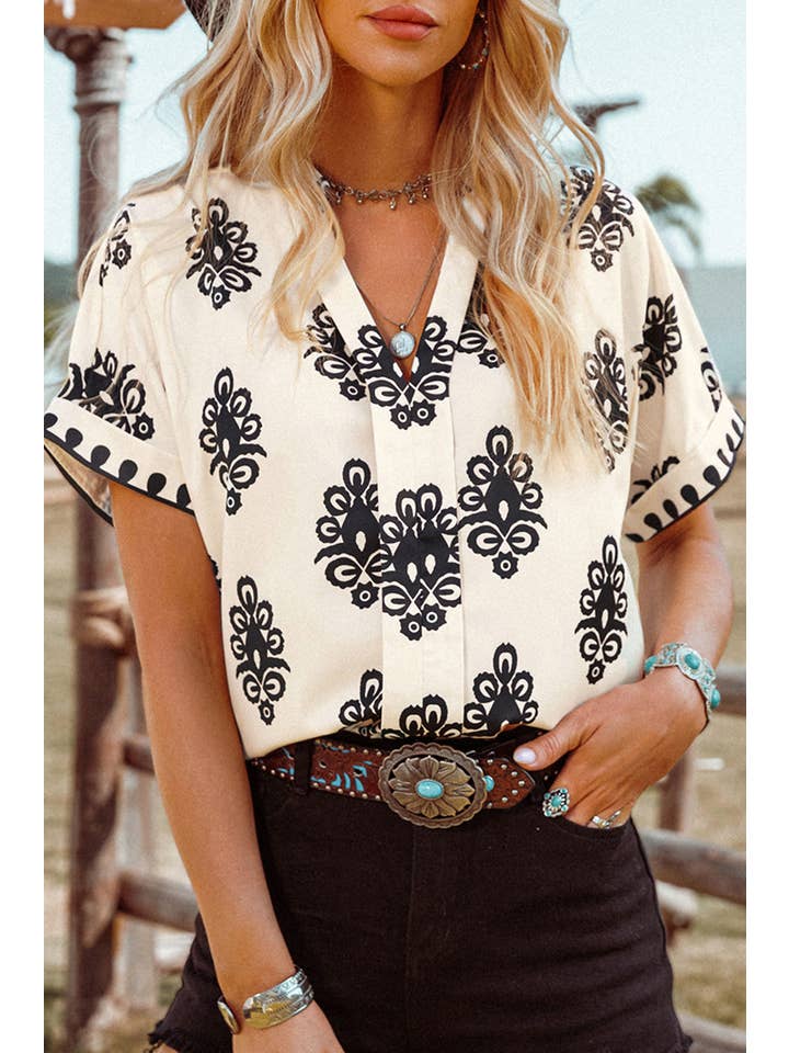 As shown Fashion-W Boho Geometric Print Short Sleeve V Neck Blouse for wholesale on Faire