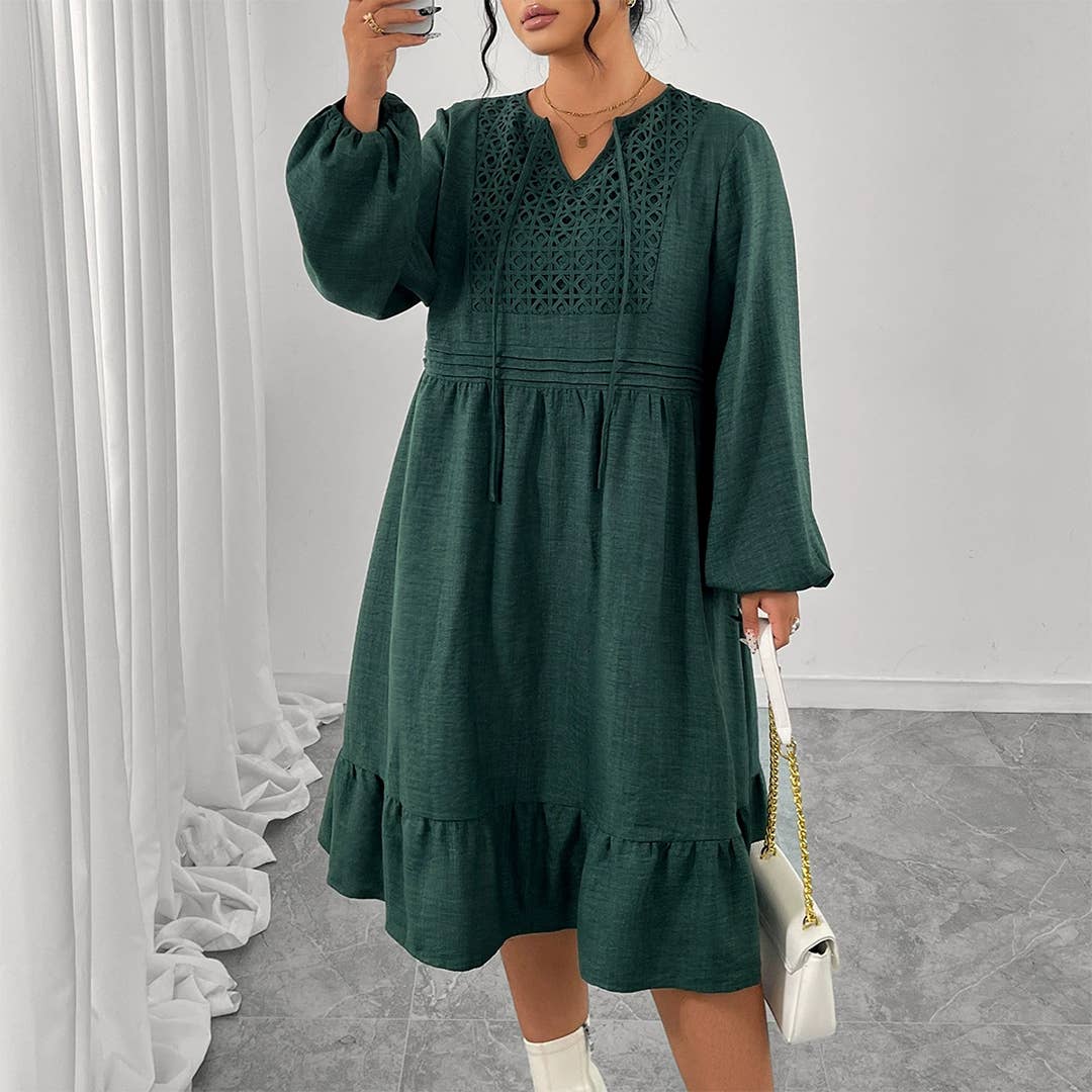 Green Patchwork Puff Sleeve Hollow-Out High Waist Maxi Dress CN139 for wholesale on Faire