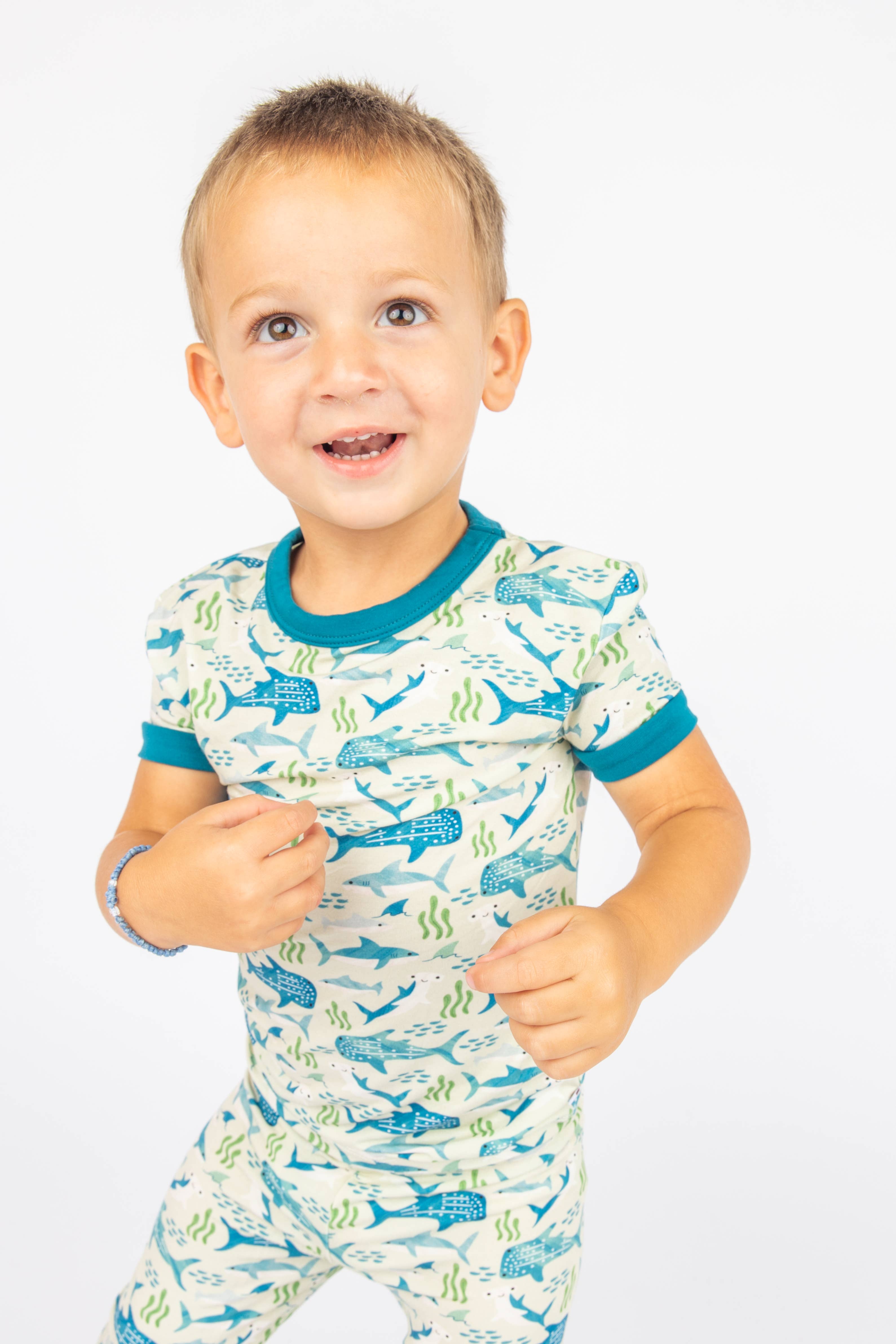 Blue Multi Shark Friends Ocean Kids Bamboo Pajamas Toddler Sleep Set for wholesale on Faire4