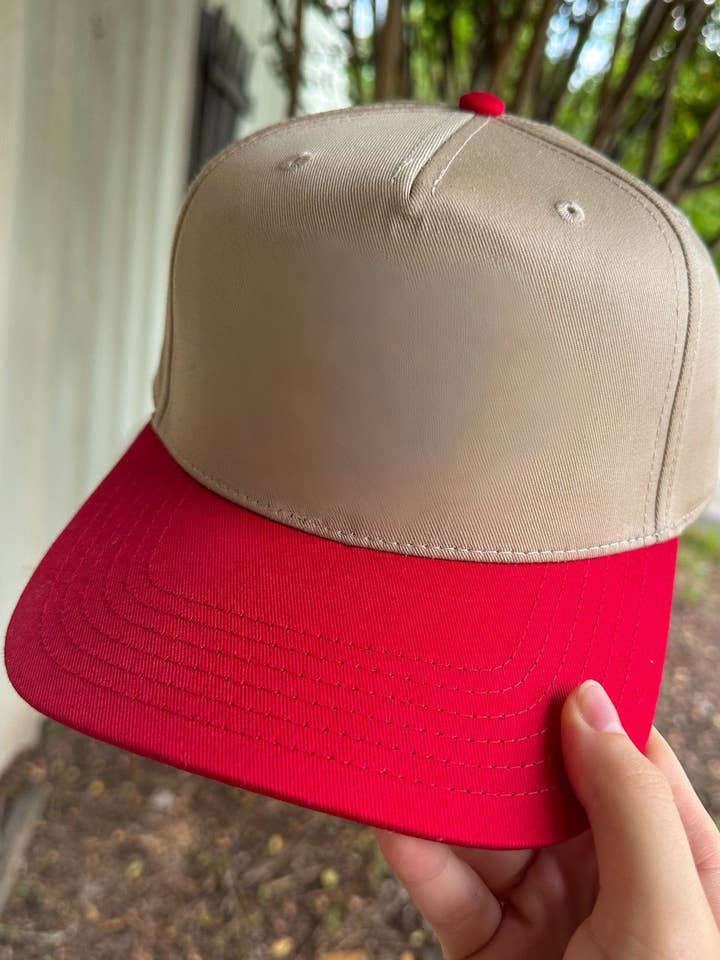 Khaki Red BLANK Otto Canvas Trucker Hat for wholesale by PB&J Prints Co