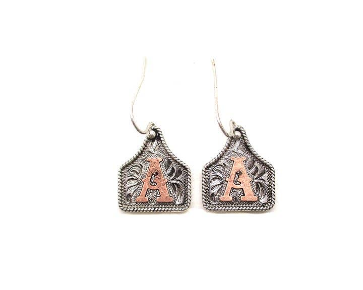 Snowing West – wholesale Dangle earrings – WESTERN ETCHED CATTLE TAG INITIAL EARRINGS (Two Tone)