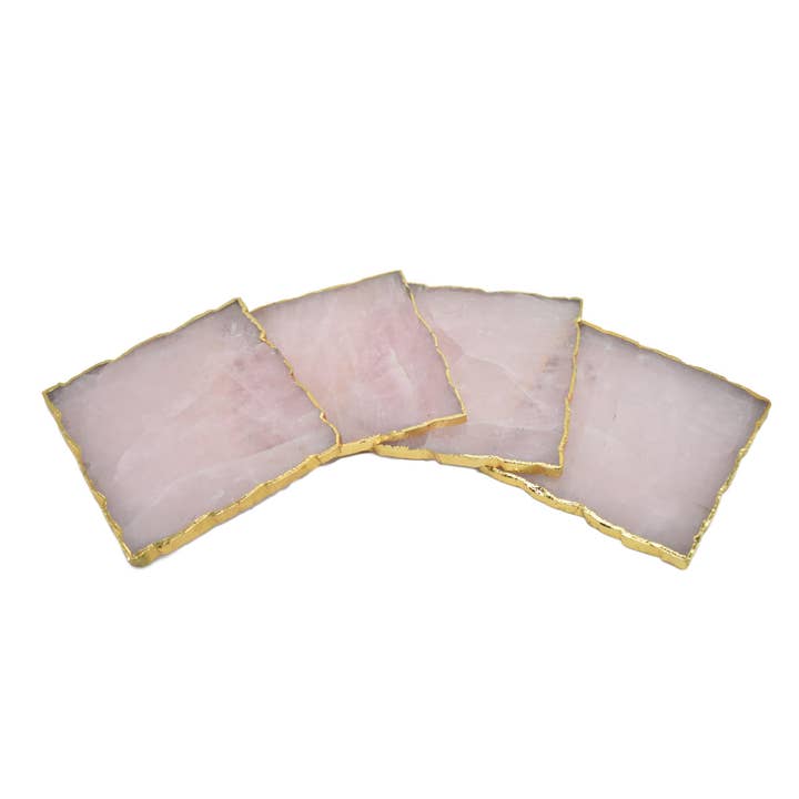 Square Natural Rose Quartz Coasters with Gold Trim Set of 4 for wholesale by Olympus Minerals Co