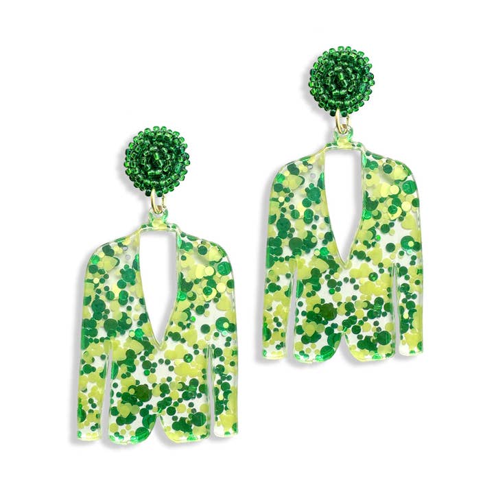 Viv&Lou - Wholesale Dangle Earrings - Green & Gold Glitter Masters Jacket Earrings0