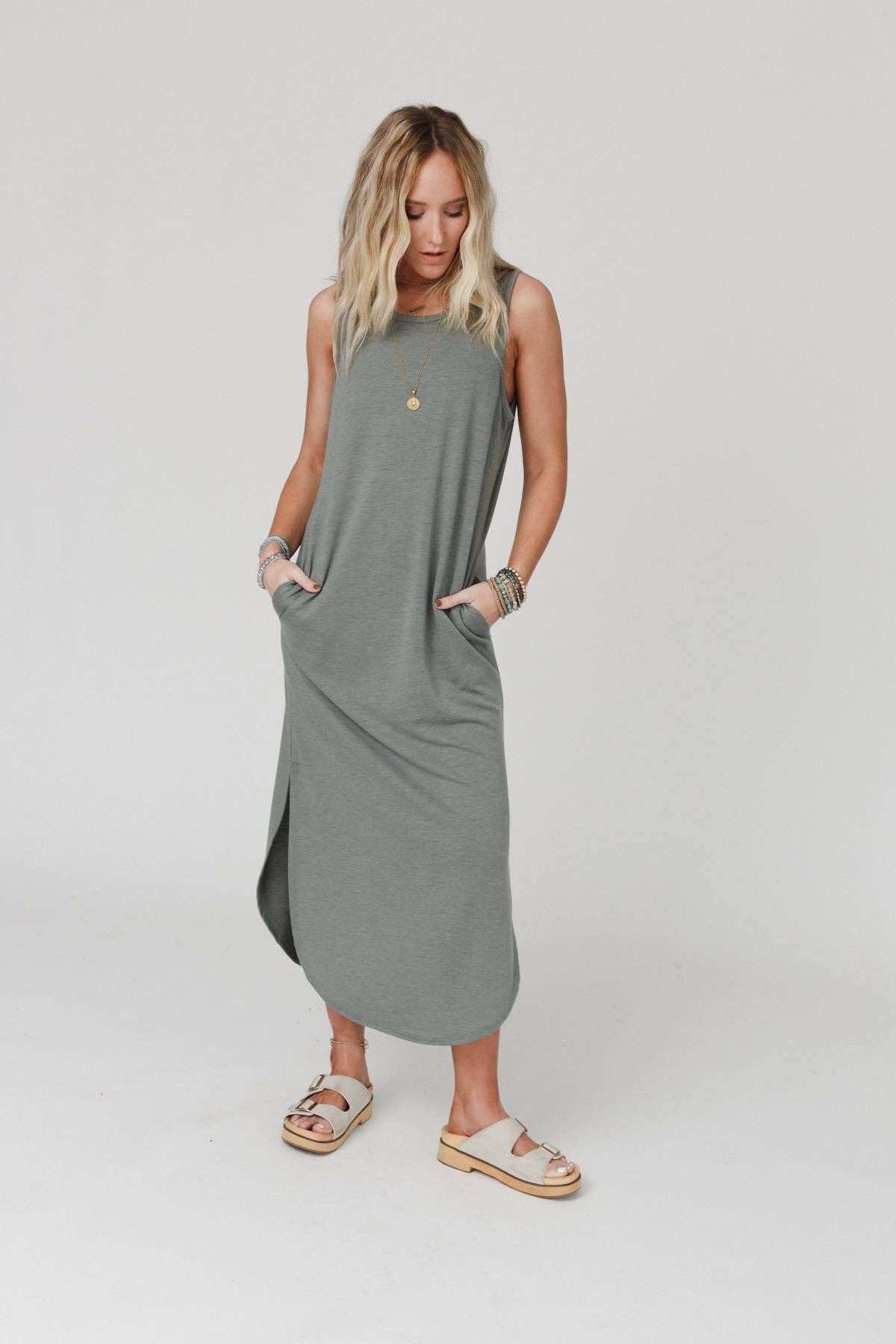 Wholesale Cassie Sleeveless Pocket Maxi Dress - Light Olive for your store  - Faire