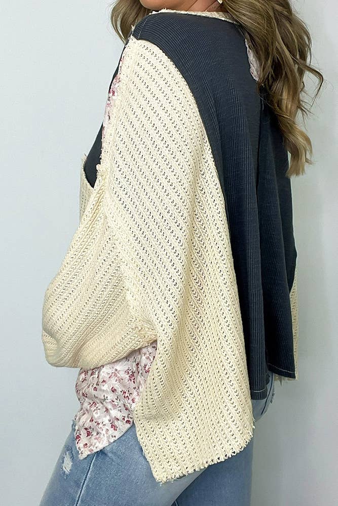 UNISHE - Wholesale Blouse - Women's - Floral Waffle Knit Color Block Pullover Top CY1632