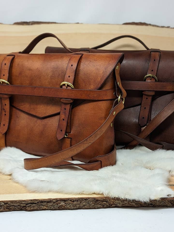 Personalized Genuine Leather Messenger Bag with Buckles for wholesale by Frost & Ember Creations, LLC