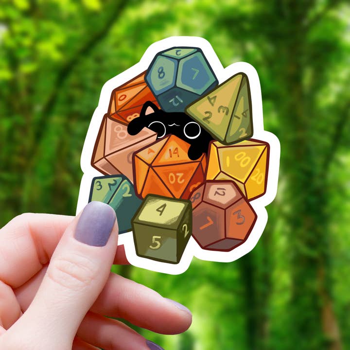 Mimic Gaming Co - Wholesale Sticker - Cat Amongst Polyhedral Dice Sticker - 3"