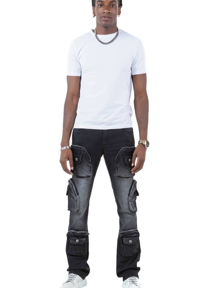 KD2484 3D CARGO WASHED DENIM JEANS for wholesale by Platform 100