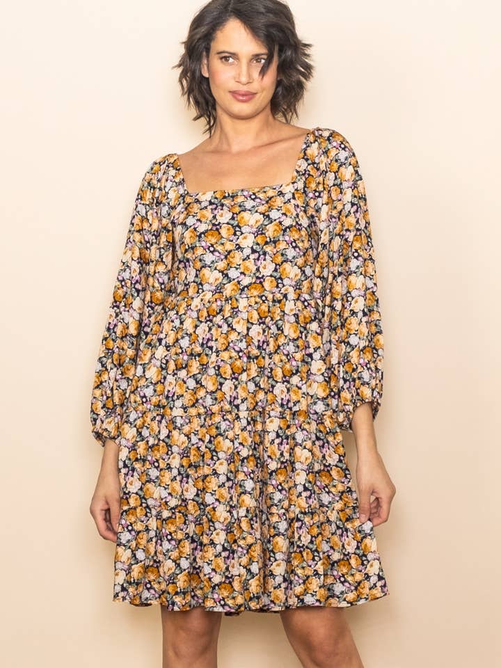 Vintage Rose Print Wide Flare Tiered Floral Dress w Pockets for wholesale by Elloh Collection