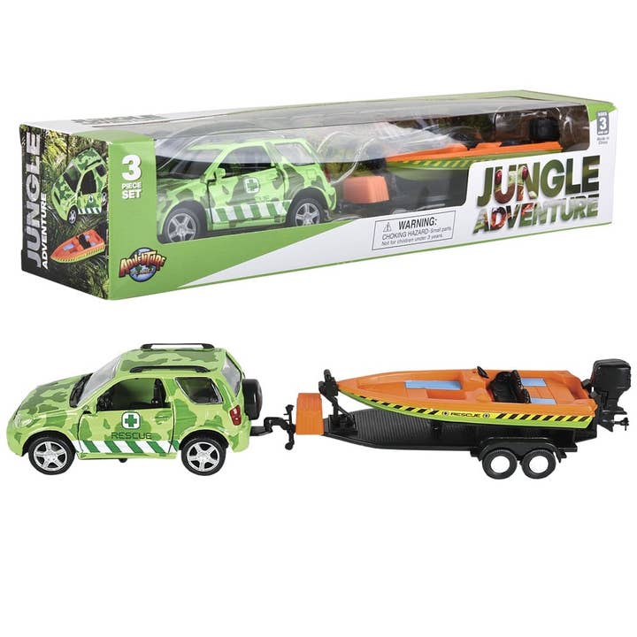 JUNGLE DIECAST 4 X 4 ROVER AND SPEEDBOAT LLB kids toys for wholesale by La Luna Bella - Toys