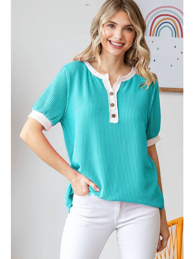7th Ray - Wholesale Knit Top - Women's - Rib Solid Contrast Button Front Short Sleeve Top T5449