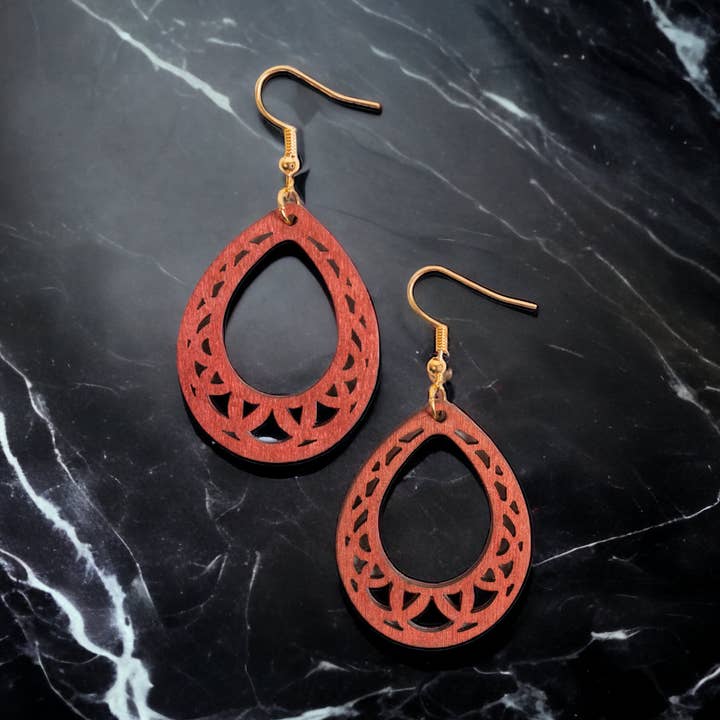 Samira Lightweight Burgundy Geo Oval Wood Drop Earrings for wholesale by Howard's
