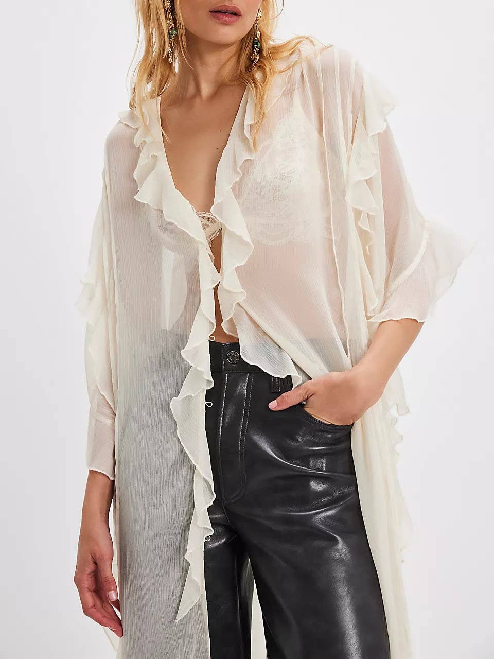 Rosa Clothing - Wholesale Jacket - Women's - Boho lightweight sheer ruffle maxi top duster kimono jacket8