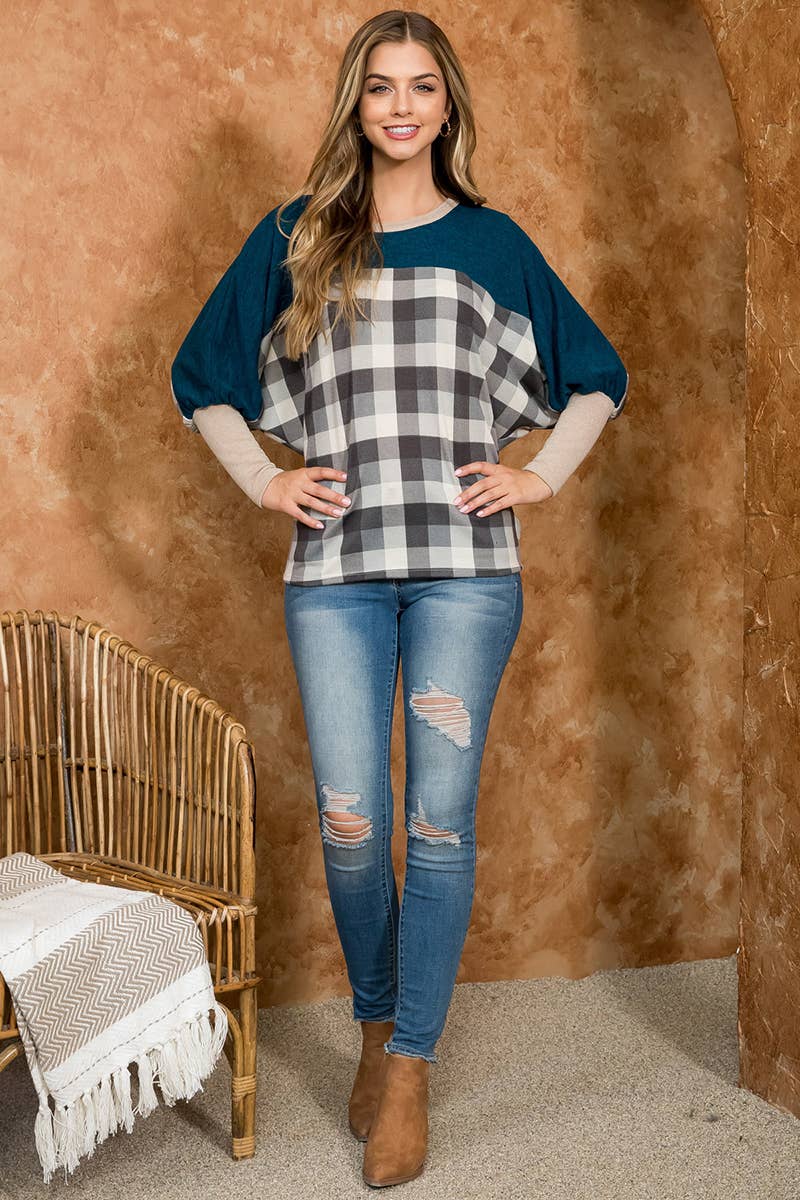You & Me - Wholesale Blouse - Women's - SALE!!! PPT21075-DOLMAN SLEEVE SOLID CONTRAST PLAID TOP5