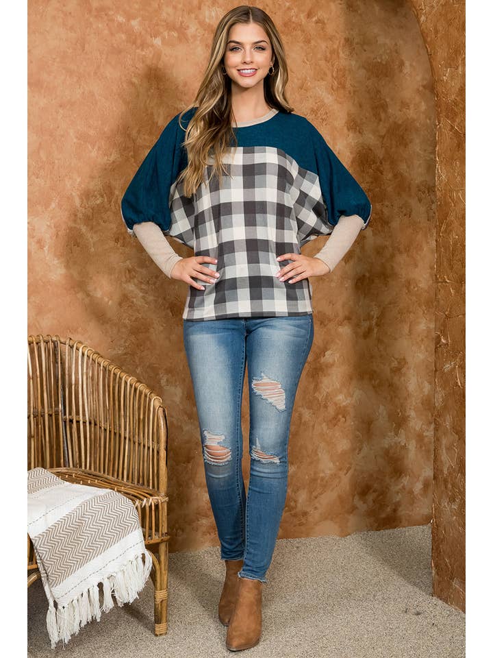 You & Me - Wholesale Blouse - Women's - SALE!!! PPT21075-DOLMAN SLEEVE SOLID CONTRAST PLAID TOP5