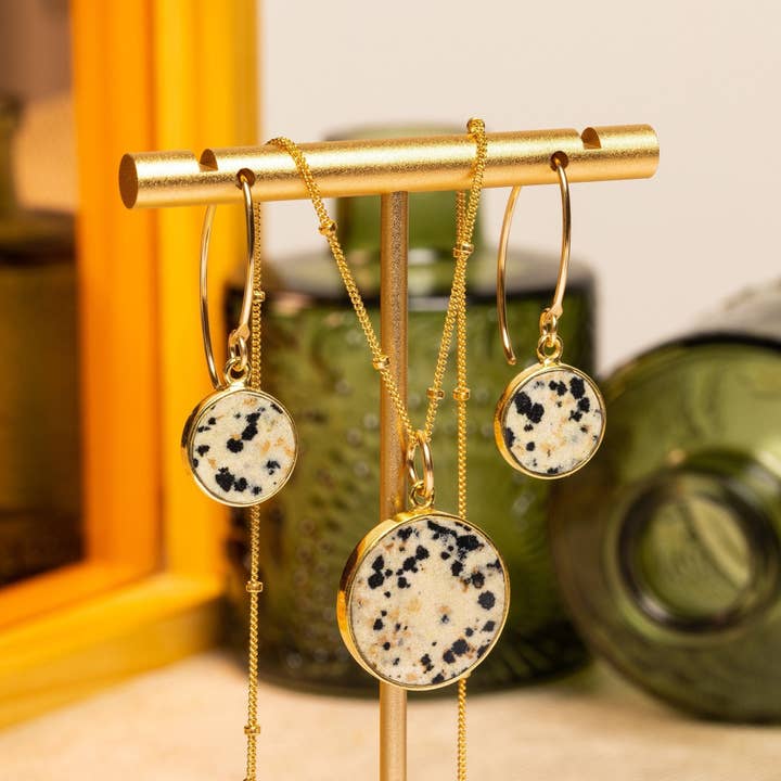 Dalmatian Jasper Earrings and Necklace Set (Satellite Chain) for wholesale by Soul & Little Rose