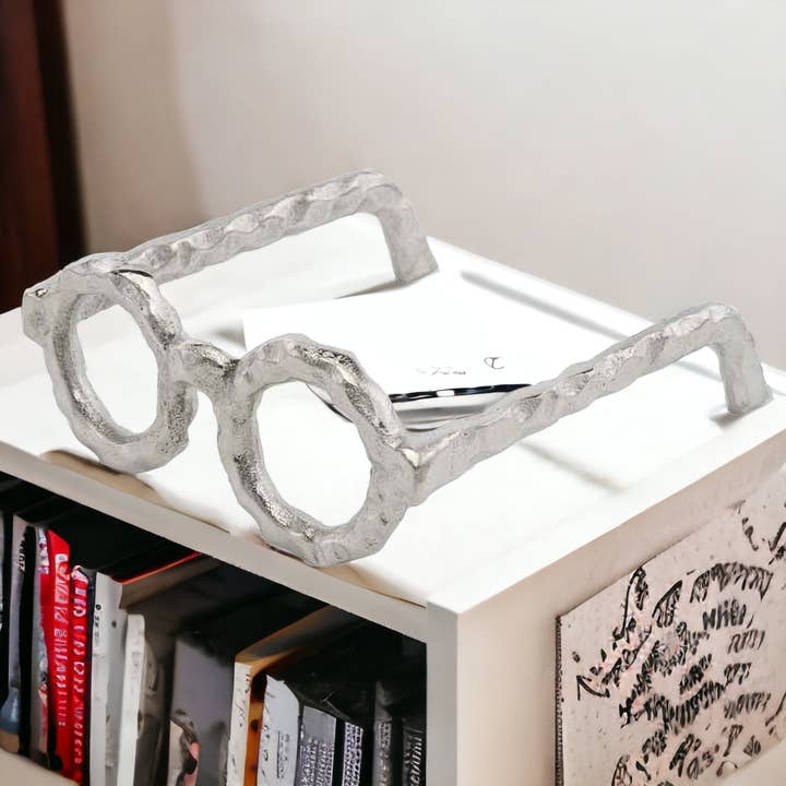 Hammered Silver Metal Eyeglasses Sculpture for wholesale by HomeRoots