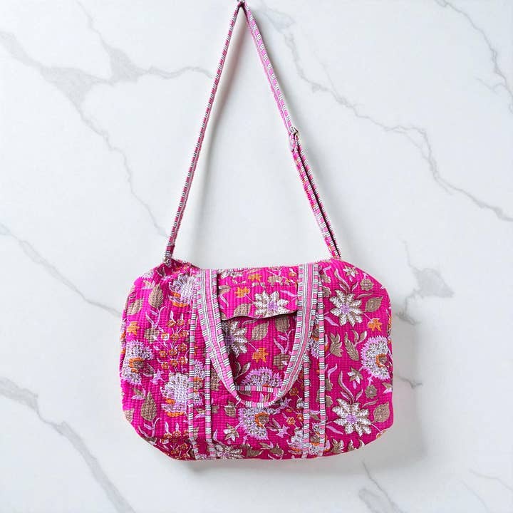 Beauty Stash - Wholesale Tote Bag - Women's - Fuchsia Bloom Block Print Quilted Bag Collection0