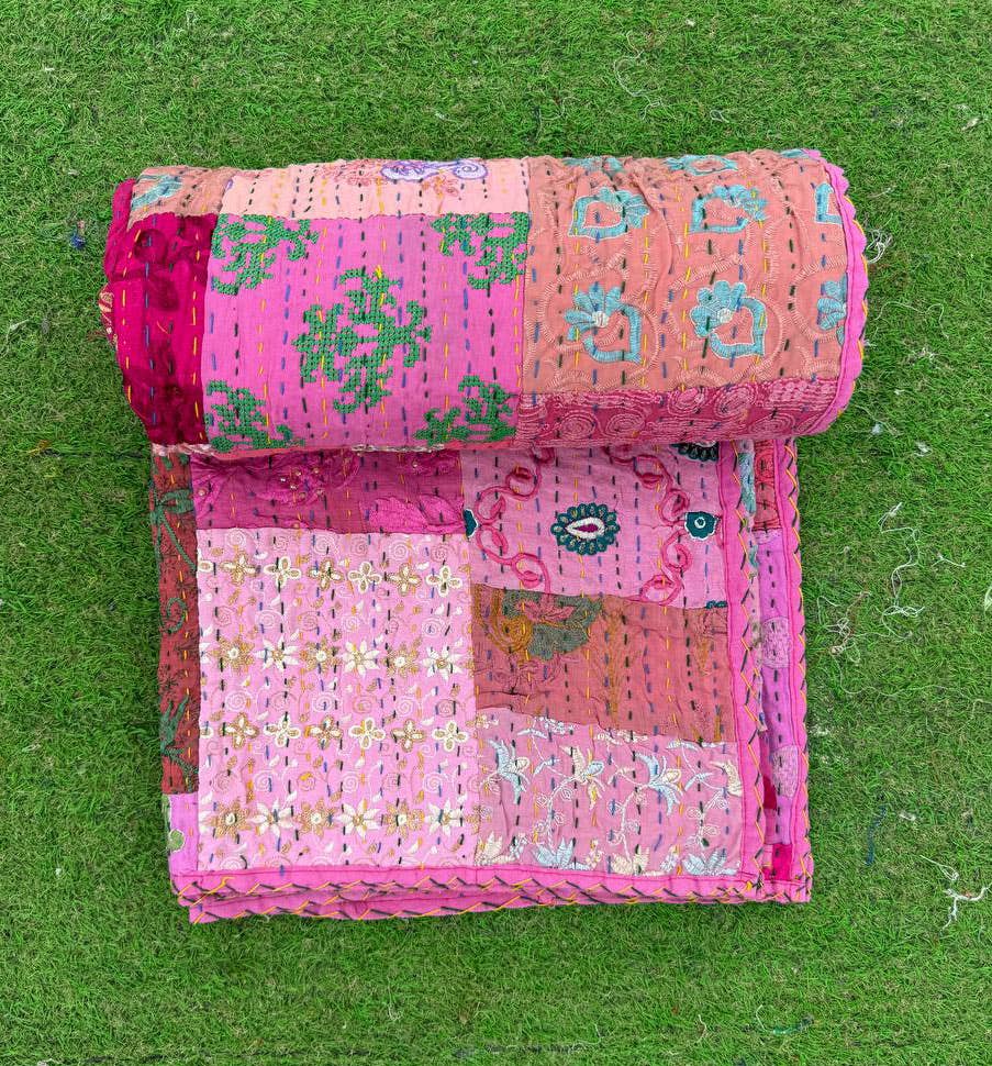 Bhawana Handicrafts - Wholesale Throw blanket - Kantha Stitched Patchwork Embroidery Quilts Cotton Bedspread0