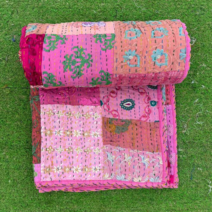 Bhawana Handicrafts - Wholesale Throw blanket - Kantha Stitched Patchwork Embroidery Quilts Cotton Bedspread0
