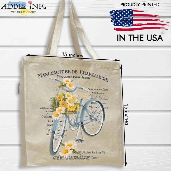 ADDLE iNK - Wholesale Tote Bag - Unisex - French Vintage Blue Bike & Daisies Tote Bag - Unisex