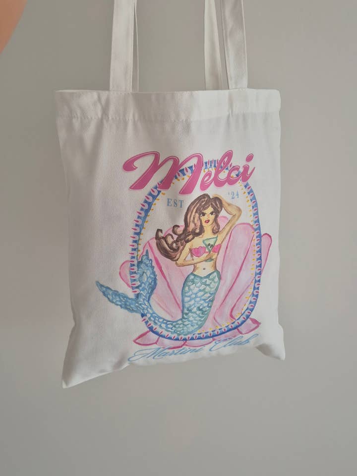 Tote Bag Melci Mermaid Martini Club Hand Painted for wholesale by Melci Studio