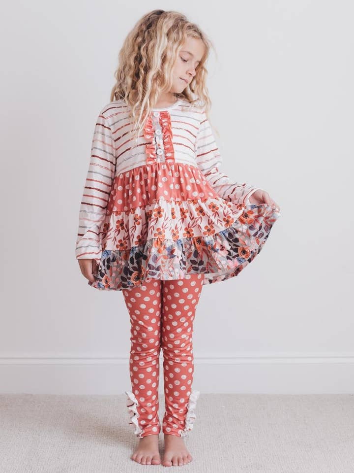 Kids Rust Button 3 Tiered Fall Ruffle Legging Set for wholesale by Adorable Sweetness