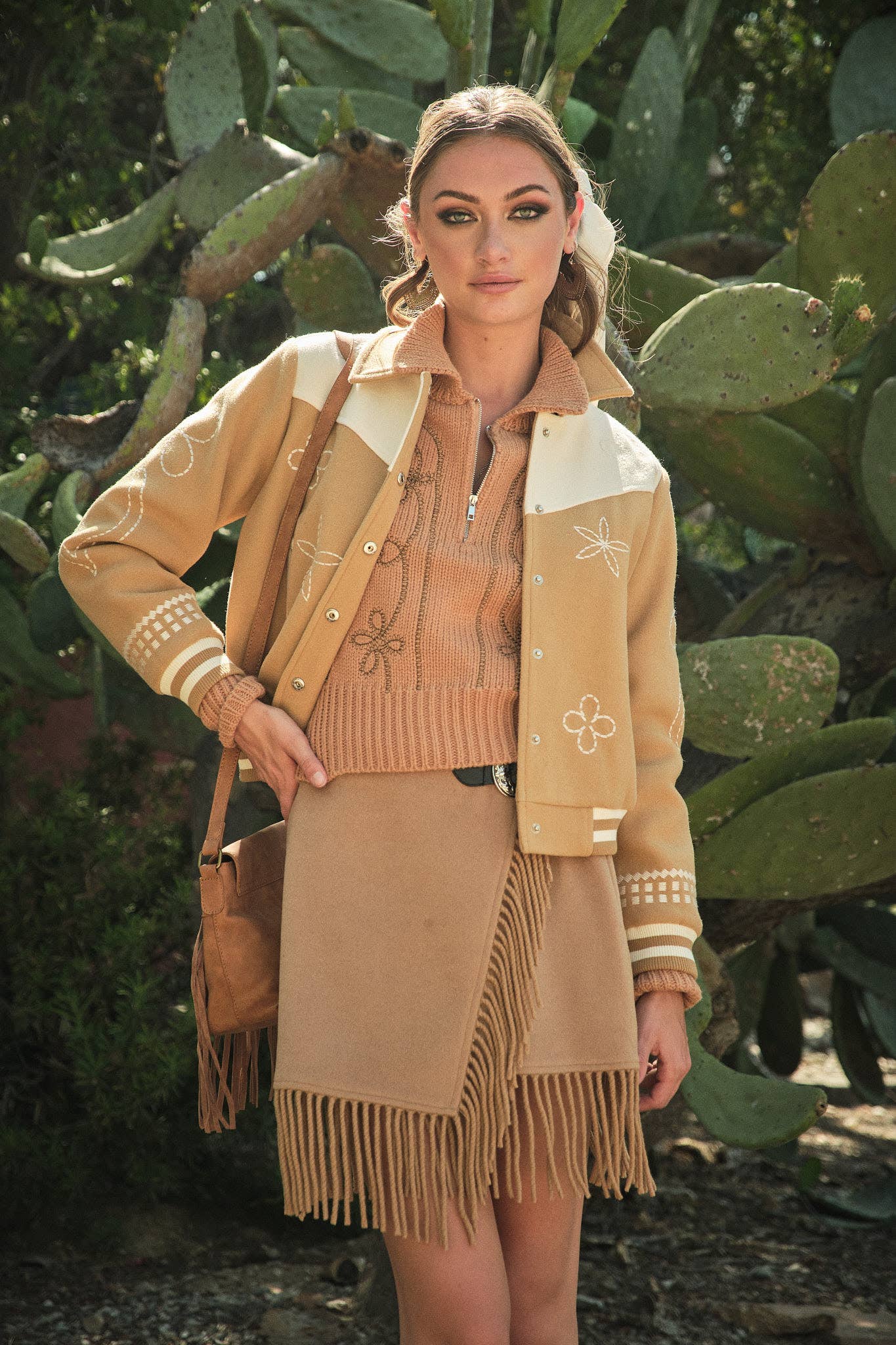 TAUPE 36885J - Embroidered Contrast Bomber Jacket for wholesale on Faire