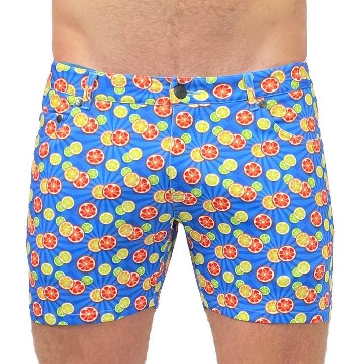 Citrus Blast 5" Super Stretch Blauw/Oranje Bedrukte Shorts voor wholesale door Assassin Menswear