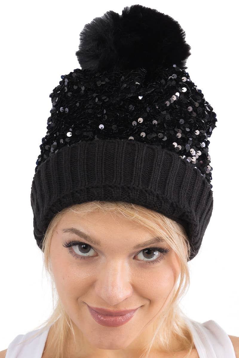 Cap Zone - Vente Bonnet – femme - Bonnet à pompon en tricot à paillettes métalliques Beazzled8