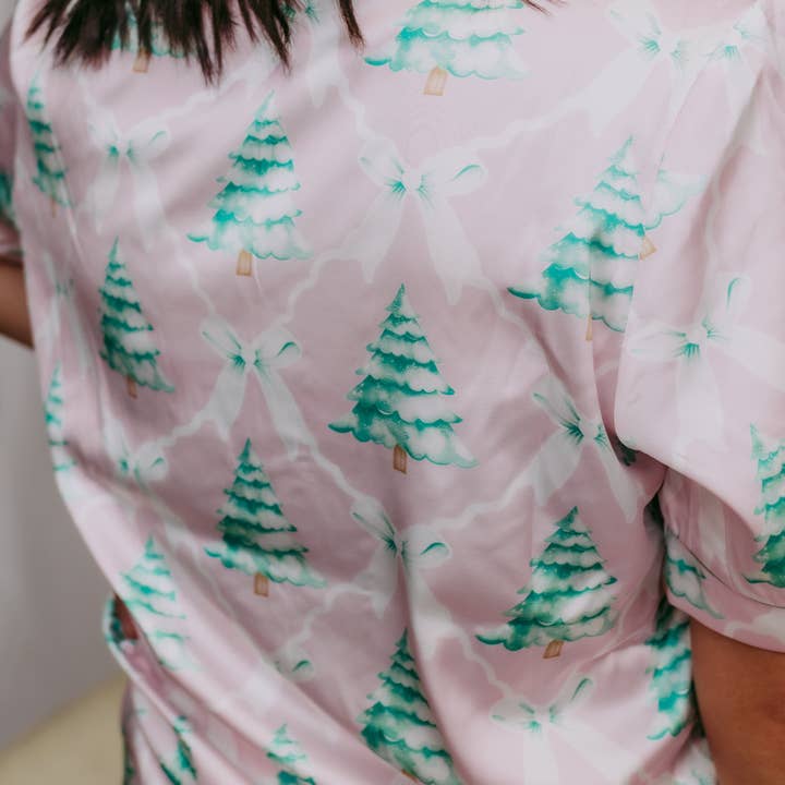 Pink TZ27 Christmas Bows Satin Pajamas Shorts Set for wholesale on Faire