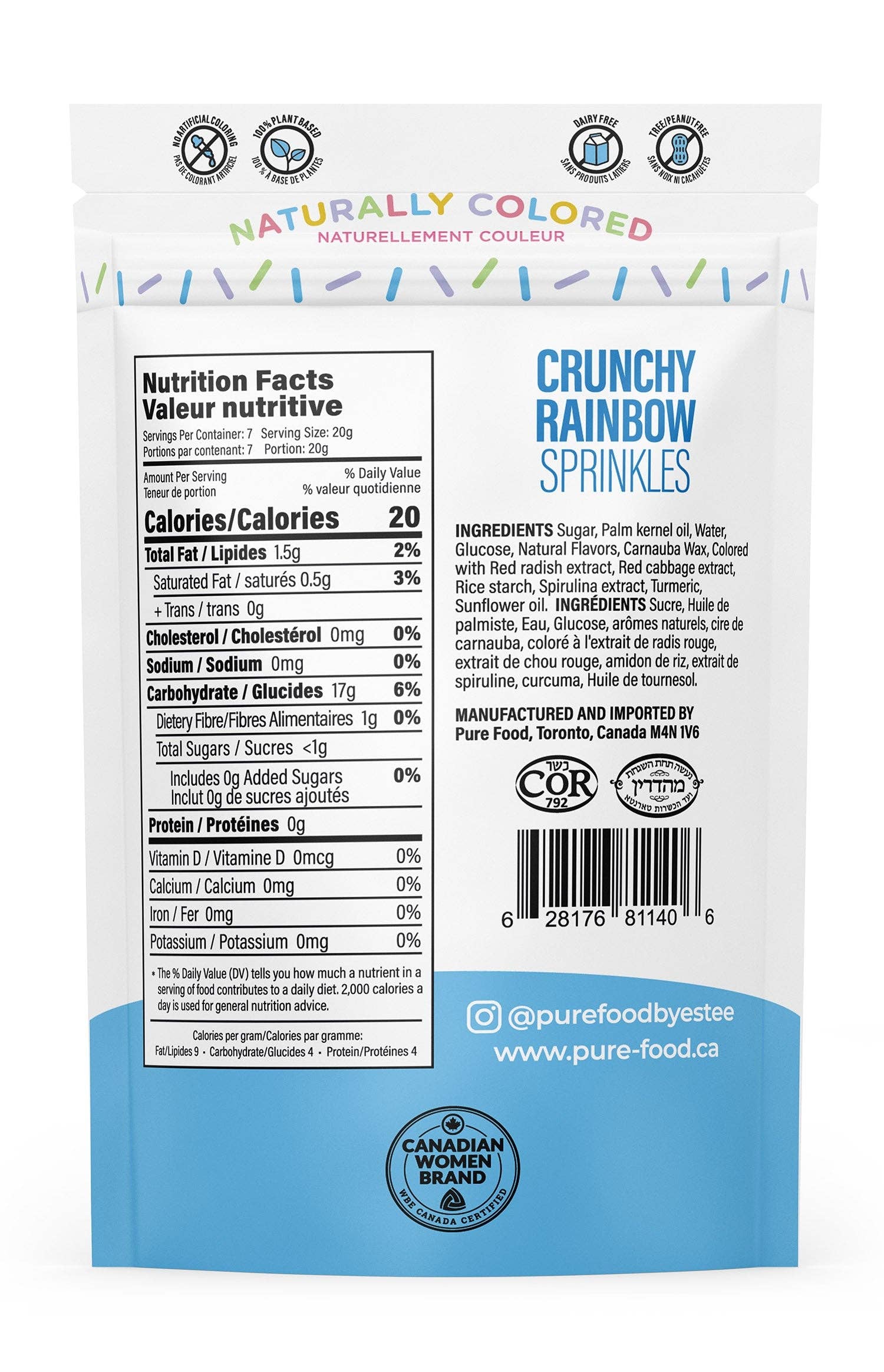 Pure Food by Estee - Wholesale Sprinkles - Rainbow All Natural Sprinkles - 5 OZ - Case of 121