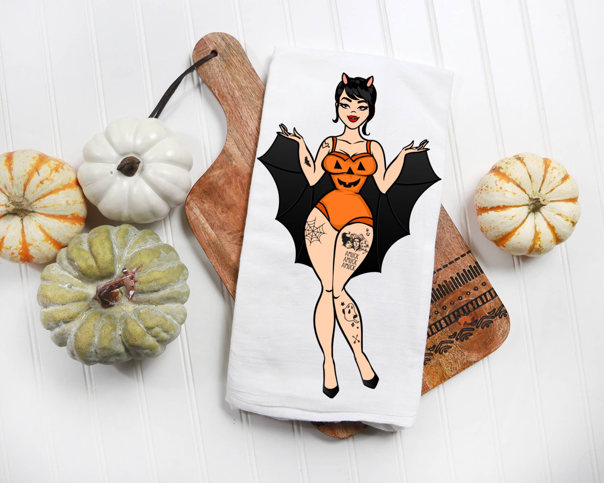 Love You a Latte Shop - Wholesale Tea Towel - Bat Girl with Tattoos Halloween Kitchen Towel