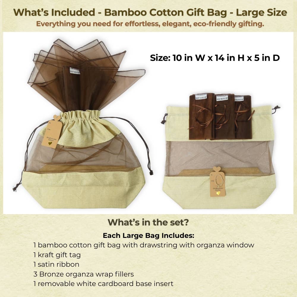Beauty Blisss - Wholesale Gift Bag - Bamboo Cotton Gift Bag LARGE, Natural Beige, Tag, 3 Wraps2