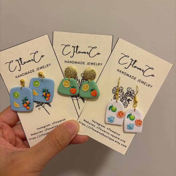Sommerliche Säure handgefertigte Ohrringe aus Polymer Clay mit Zitrusfrüchten Schmuck für den Großhandel von CFlowerCo