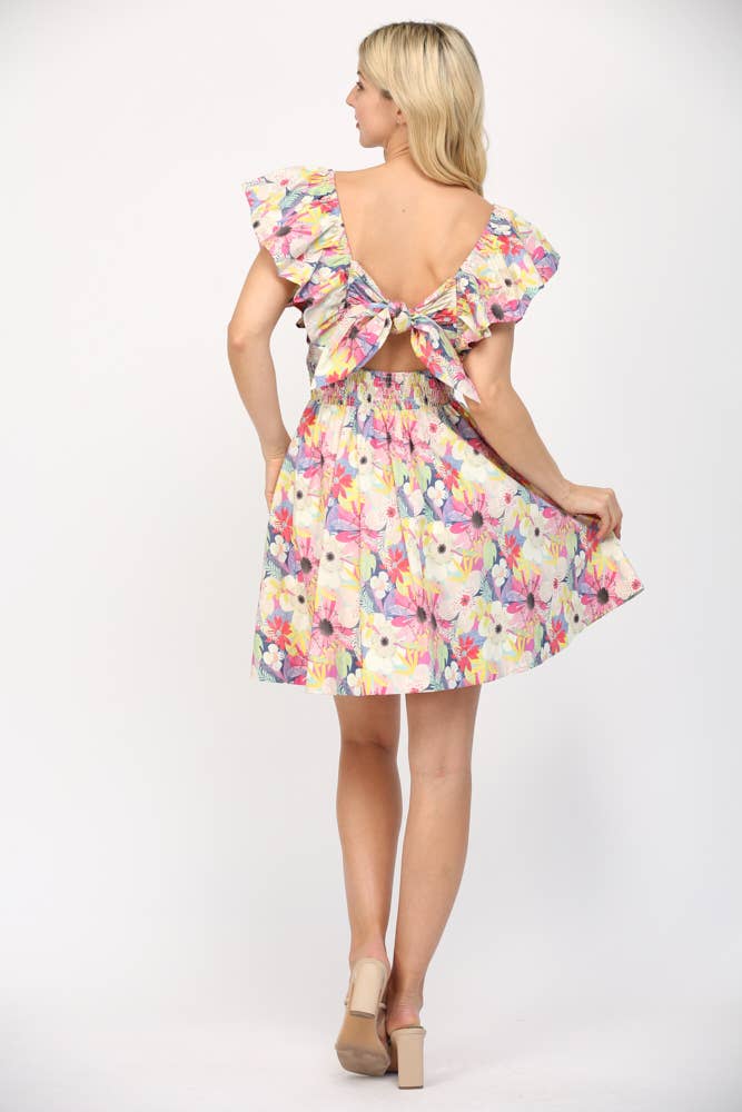 PINK MULTI FLUTTER SLEEVES PLEATED DETAIL MINI DRESS FD35205 for wholesale on Faire9