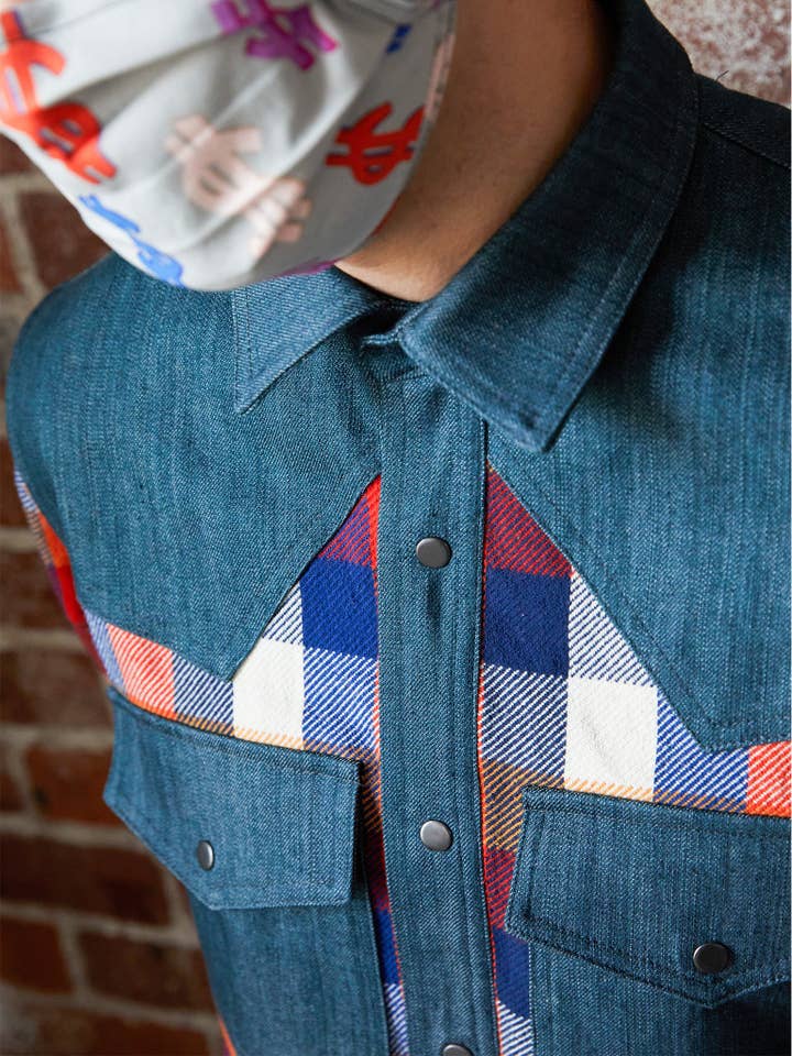 Amy Page DeBlasio - Wholesale Button Down Shirt - Men's - Western Shirt in Orange Checked Flannel and Denim