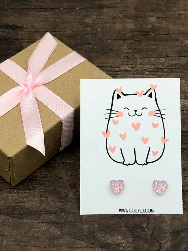 Heart Earrings - Valentine Earrings - Cat Card Pink Hearts for wholesale by Carly Lou