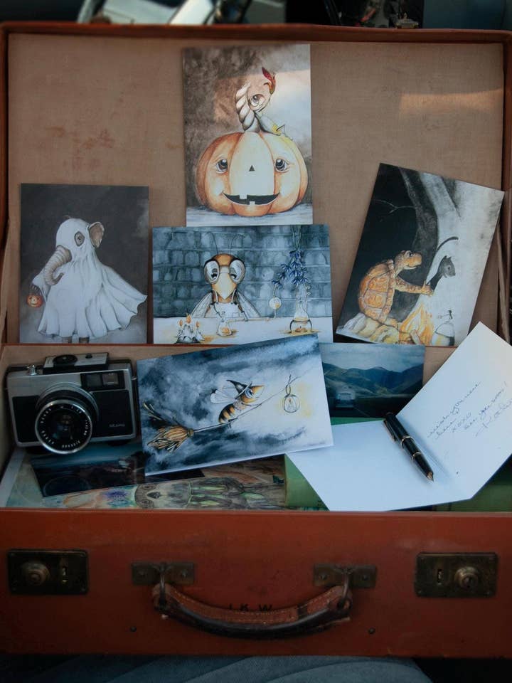 Ensemble de cartes de vœux d'Halloween, 5 cartes vierges différentes de 5"x7" pour la vente par Katie Crawford Art